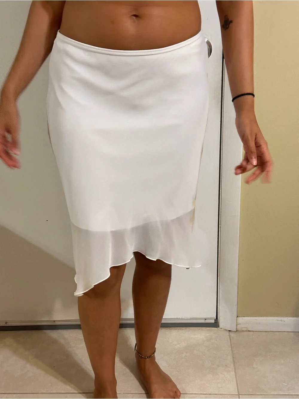 ⁠Vintage Best Basic White Chiffon Asymmetric Midi Skirt Y2K Layered Hem Size 40